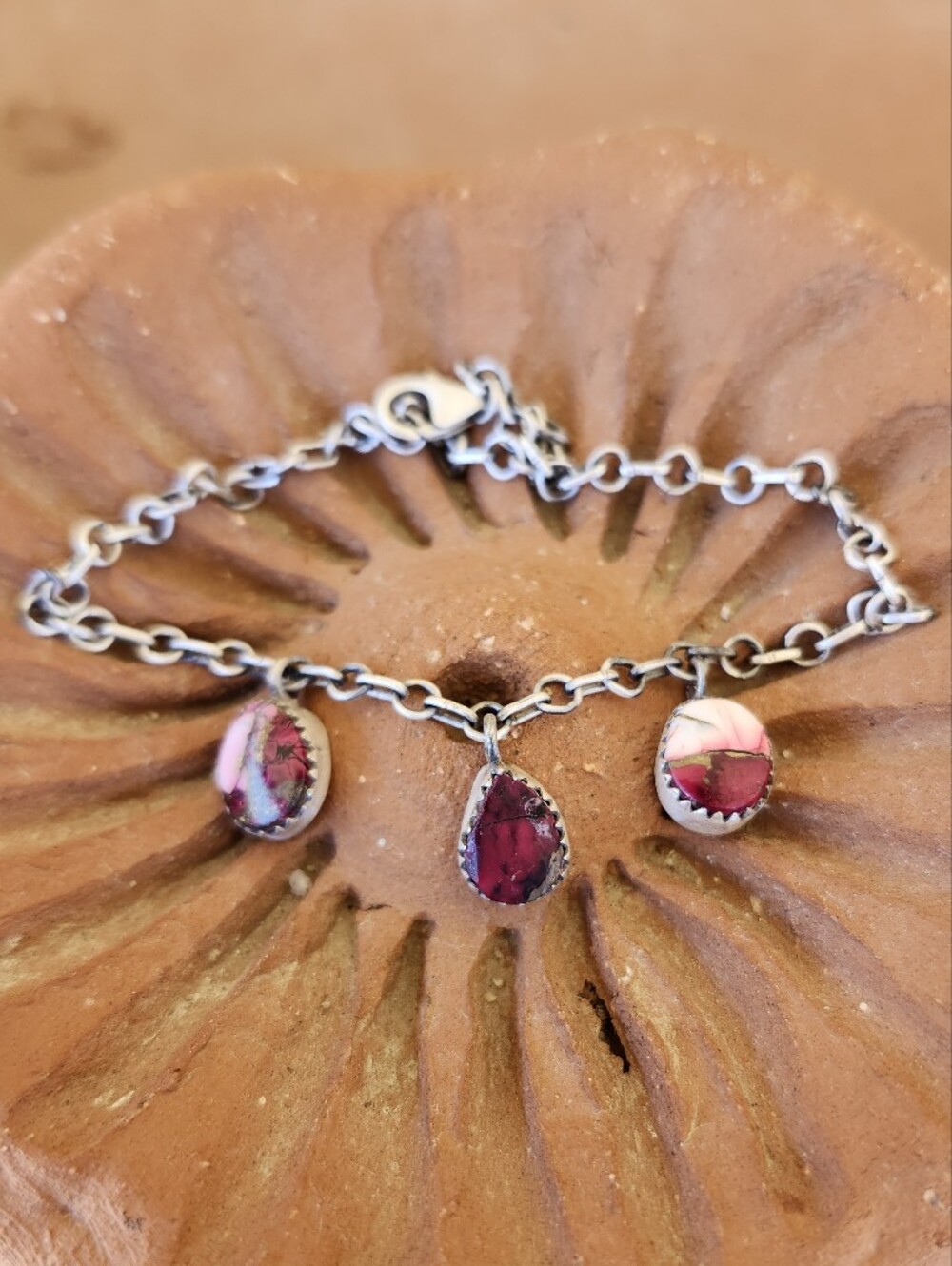 Native American Sterling Silver Pink & Red Rose Dahlia Anklet Bracelet Turquoise